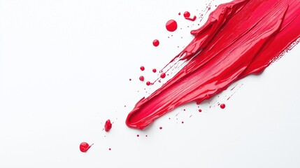 Close-up of a red lipstick swatch on a white background. the swatch is in the center of the image and is made up of multiple droplets of the same red lipstick.