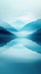 Serene mountain lake reflecting a hazy, tranquil sky.