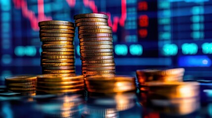 Stacks of gold coins with a backdrop of a financial graph