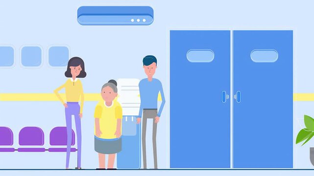 2D Animated illustration Scene of Worried Adults With Grandmother At Hospital Corridor Outside Operation Theatre.