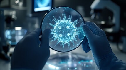 Scientist analyzing a digital representation of a virus in a lab setting.