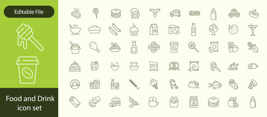 Food and Drinks Line Icons. Editable Stroke. Pixel Perfect. For Mobile and Web. Contains such icons as Bread, Wine, Hamburger, Milk, Carrot, Fruit, Vegetable.