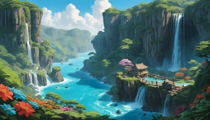 Serene Waterfall Oasis in Lush Tropical Paradise