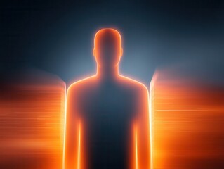 A glowing silhouette of a figure stands against a dark background, radiating light and energy, evoking a sense of mystery and presence.