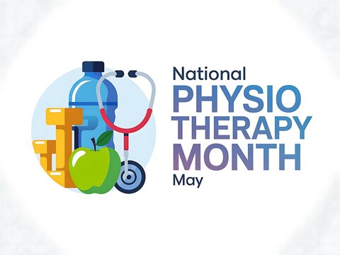 Celebrate National Physiotherapy Month: a healthy lifestyle with fitness, nutrition, and wellness, depicted in vibrant, clean design.
