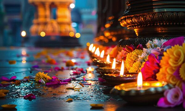 Colorful rows of lit diya lamps with marigold flowers decorating a temple corridor during Diwali in India symbolizing devotion and joy