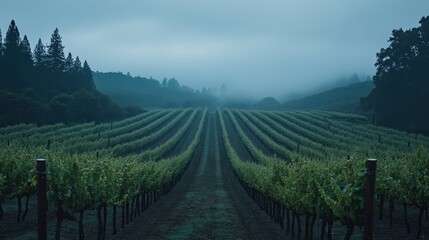 Naklejka premium Vineyard landscape shrouded in morning mist with rows of grapevines stretching toward the horizon at dawn