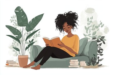 Black woman relaxing reading book surrounded by plants,