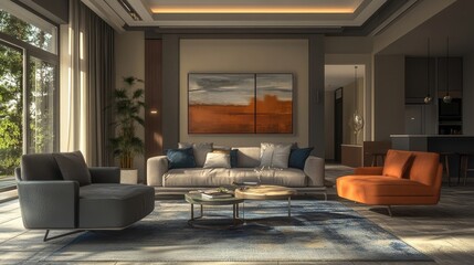 Fototapeta premium 3D render of a house interior living room with modern design elements