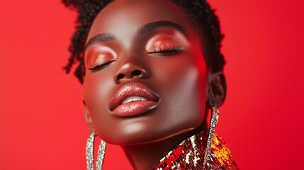 Beautiful model showcasing bold makeup against a vibrant red backdrop during a fashion photoshoot in a studio setting