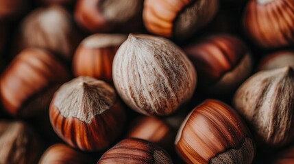 Obraz premium Close-Up View of Shelled Hazelnuts with Rich Brown Tones and Textures