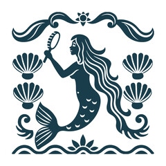 Obraz premium Loteria Card La-Sirena Mermaid Holding a Mirror - Loteria Card: La Sirena Mermaid with Mirror