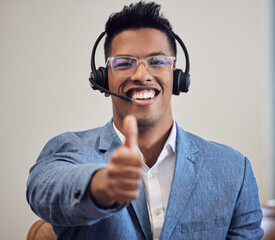 Call center, agent and man with thumbs up or portrait, happy and customer service and support with...