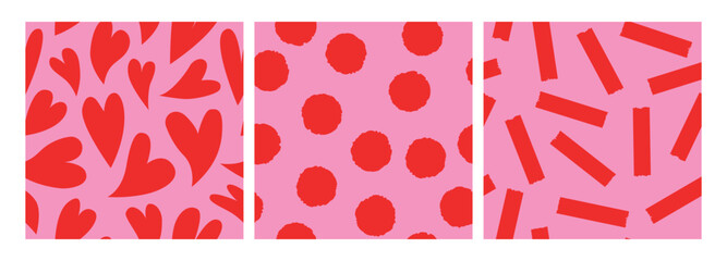 Set of seamless pattern with simple geometric in pink and red colors. Stylish background for print, design, fabric. Vector illustration