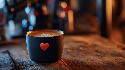 Warm cup of coffee with latte art resting on a rustic wooden table in a cozy cafe during the afternoon