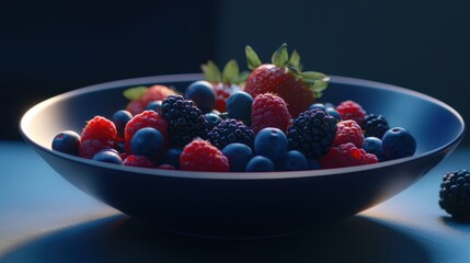Colorful bowl of mixed berries with vibrant background at a summer gathering