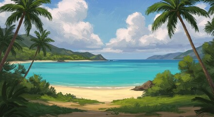 Serene Island Bay: A Tranquil Coastal Scene - A picturesque illustration of a tranquil beach scene, symbolizing serenity, escape, paradise, relaxation
