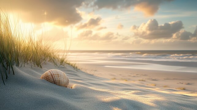 Shells resting on soft sand by the calming ocean waves during a serene sunrise
