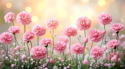 A springtime display of delicate pink carnations with pastel easter eggs.