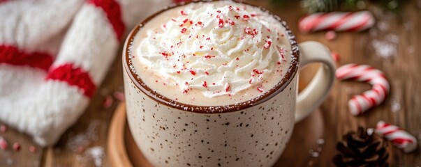 A festive peppermint latte topped with whipped cream and candy cane sprinkles