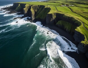 Aerial View of Dramatic Coastal Cliffs and Ocean Waves