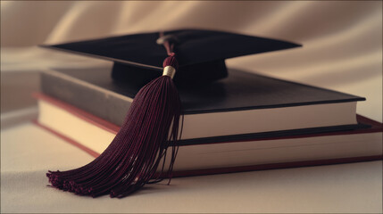 An artistic shot of a sleek black graduation cap with a deep red tassel placed on skewed hardcover books with minimalistic cover designs, ivory background, dynamic top-down lighting