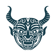 Traditional Mask Devil or tiger mask with exaggerated horns and teeth, folk-art style - Folk Art Devil Tiger Mask with Horns Vector