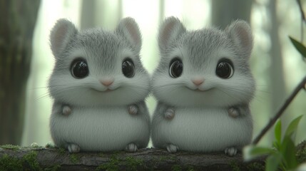 Fototapeta premium Two adorable, cartoonish, gray rodents sit on a branch.