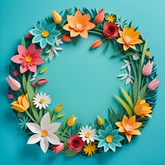 Colorful Paper Flower Wreath on Teal Background