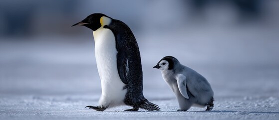 Obraz premium Emperor Penguin and Chick Walking on Snow in Antarctica Scenic Cold Landscape