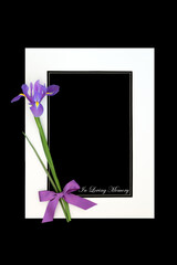 In loving memory and deepest sympathy card with flowers with white frame on black. Minimal celebration of life design for funeral or order of service card.