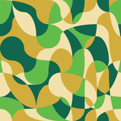 Curve continuous line overlap camouflage. Abstract colorful liquid psychedelic camo background. Wavy seamless khaki green pattern. Liquid texture for cover design. Vector illustration