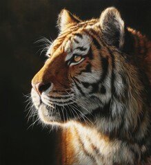 Naklejka premium Majestic tiger portrait, detailed fur, golden light