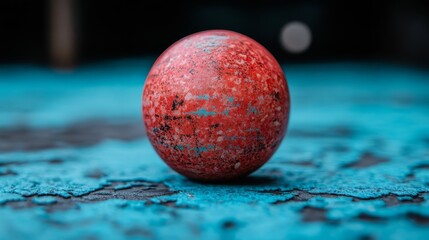 Close-up of a vibrant red sphere on a textured teal surface.