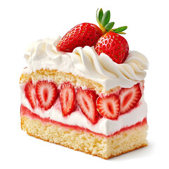 A thick slice of strawberry shortcake with fluffy whipped cream, soft sponge cake, and fresh strawberry slices