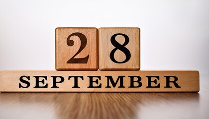 Minimalist photo of wooden blocks with date 28 September. Day and month, calendar on white background