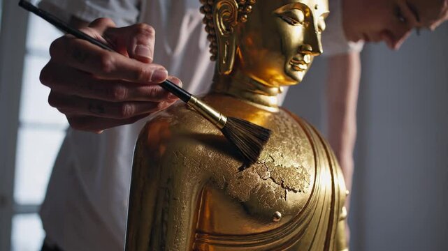 Professional artist restoring gilded buddha sculpture using precision brush to apply dark patina on fine details, preserving cultural legacy. Concept gilded buddha creative gilded buddha.