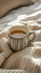 Cozy Morning Tea in Bed: A Warm and Serene Moment of Relaxation with a Mug of Tea on a Knit Blanket