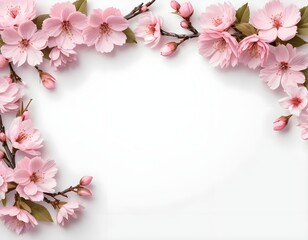 Fototapeta premium Pink Cherry Blossoms Frame on White Background