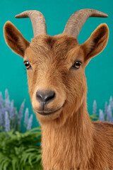Fototapeta premium Close-up portrait of a light brown goat with horns, against a teal background and purple flowers