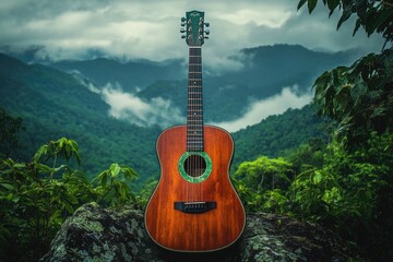 acoustic guitar stands near the fence in the green grass against the background of the sea. music concept on the beach