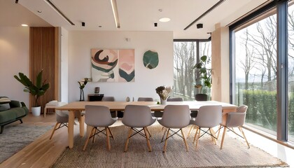 Fototapeta premium Modern dining room with wooden table, neutral chairs, and abstract wall art