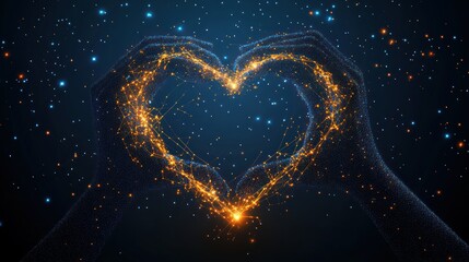 Glowing hands forming heart, cosmic background, love concept, digital art