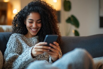 A happy young woman using her smartphone at home, smiling and scrolling through social media while lounging on a comfy couch.
