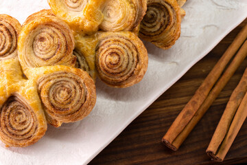 Puff pastry cinnamon rolls. Pastry dessert. food