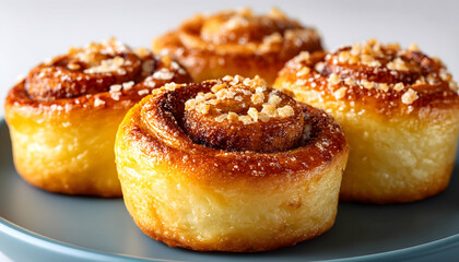 Four golden-brown cinnamon rolls with crunchy topping on a plate