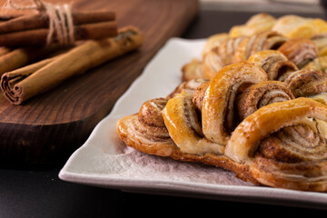 Puff pastry cinnamon rolls. Pastry dessert. food
