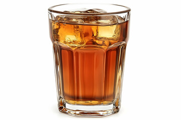 A refreshing glass of iced beverage with amber liquid and ice cubes on a clean surface