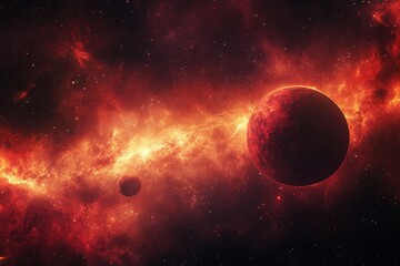 Vivid depiction of a fiery cosmic nebula with distant planets in space