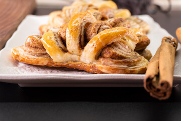 Puff pastry cinnamon rolls. Pastry dessert. food